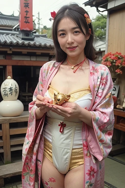 (high resolution、high quality、High resolution、detailed、masterpiece)、(There are mature and beautiful women)、(looking at the camera:1.2)、smile、(Japanese style hairstyle with a beautiful hairpin)、(bright blonde)、(Are thin:1.2)、(Small breasts:1.2)、(Japanese-style lingerie with large decorations:1.2)、(Garter belt with collar, bangles, and kimono-style decorations:1.3)、(holding a golden dragon in both hands)、The pose is so cute and nice、(Visiting a shrine for New Year's visit during the day in a crowded place:1.2)