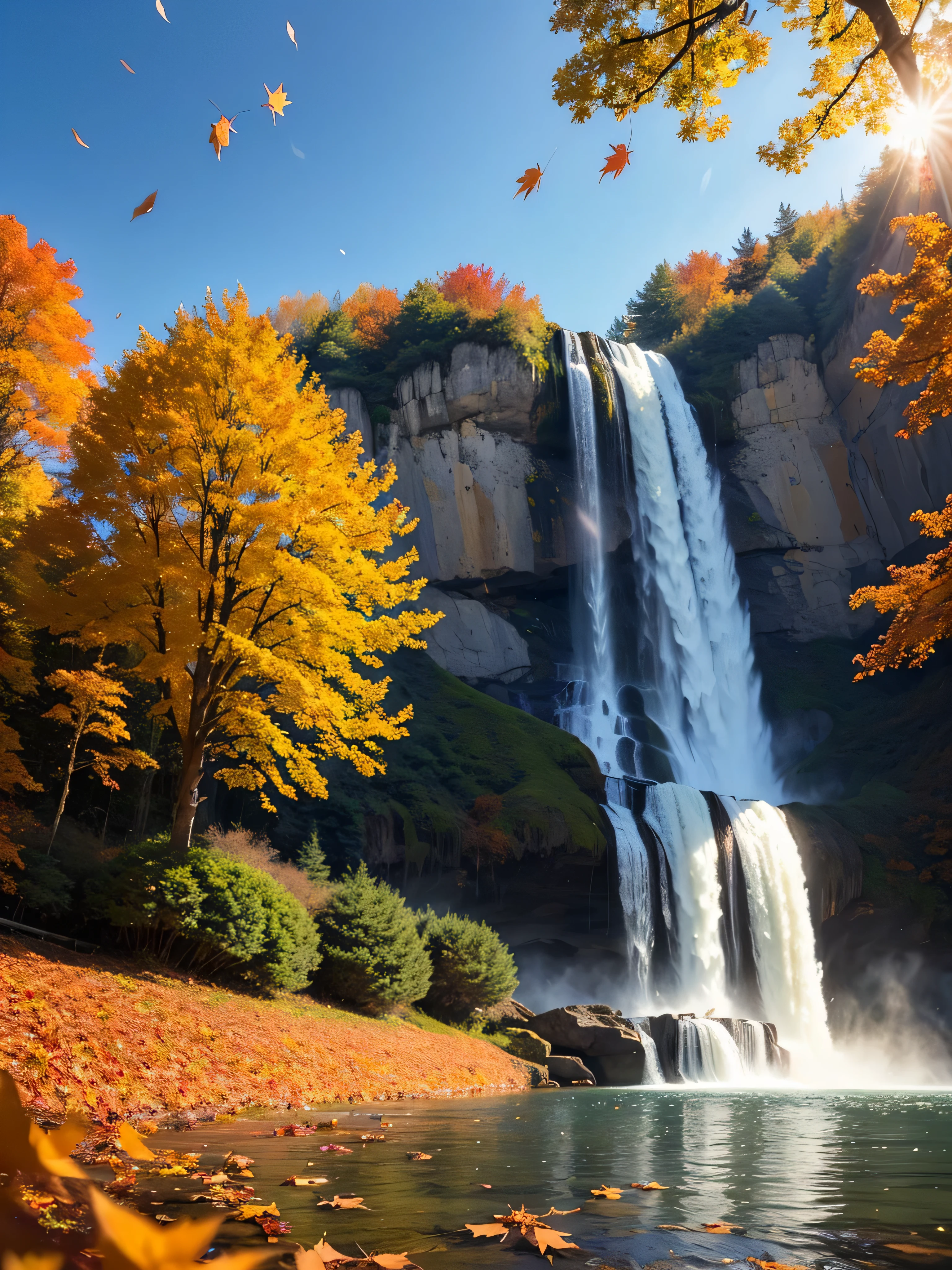 ((best quality: 1.5)) ((masterpiece: 0.8)), ((red orange gold autumn leaves drifting falling from the sky)), waterfall