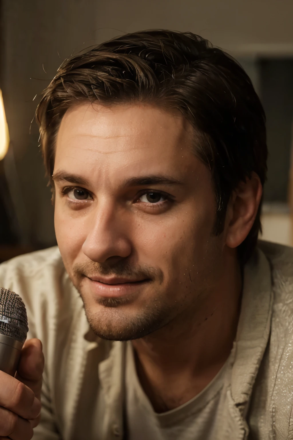 (male psychologist blogger sits at a table in the studio and gives an interview, Andrey Ryabovich, about 3-5 years, Andrey Surnov, Andrey Ryabovichev, Michal, 40 year old man, Tomas Shtalkovski, Patrick Hardsey, 38 years), Illustrations, high quality, ultra-detailed, realistic, vibrant colors, Portraits, warm color tones, Soft lighting, microphone in the foreground, the face looks directly at the camera and smiles.