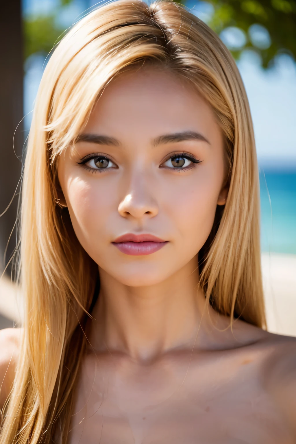 Image du visage d'une femme européenne, mince avec un visage de femme asiatique et ayant des cheveux longs et blonds et n'ayant pas de tatouage