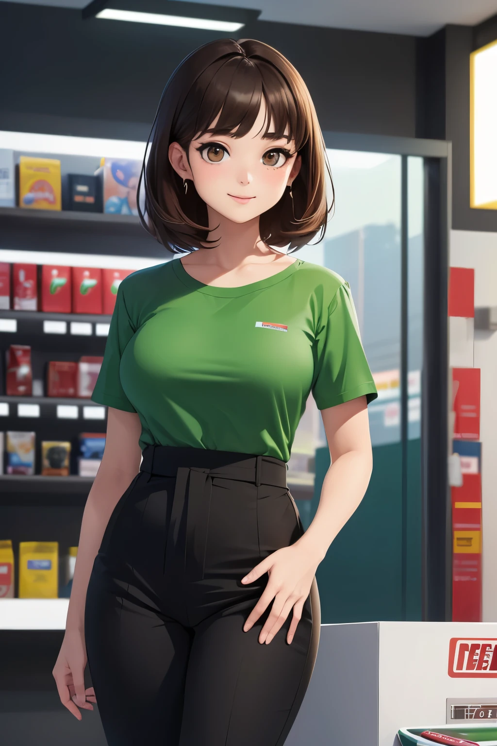 (extremely details CG, Unity, 8K Wallpaper extremely delicate and beautiful), (​masterpiece), (top-quality:1.0), (超A high resolution:1.0), ((perfect proportion shot:1.0)), beautiful vibrant lighting, realistic shadow, [high resolution], cute face, round brown eyes, soft angled brow, 27 years old, kind expression, kind smile, ((dark hair)), ((medium above shoulder hair)), (((medium breasts size))), plumpy body shape, convenience store clerk, convenience store, cashier machine, ((seven-eleven red and green shirt uniform)), ((black long pants)), ((waist up shot)))