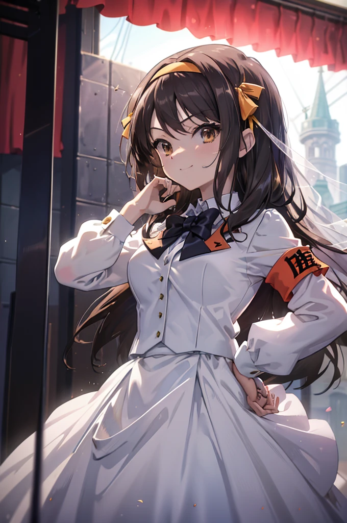 (masterpiece),(highest quality), Haruhi Suzumiya, hair ribbon, hair band, long hair, armband, bridal costume,wedding dress church,chapel,smile,Standing tall with his hands on his hips, looking at the audience., (From above:1.3)