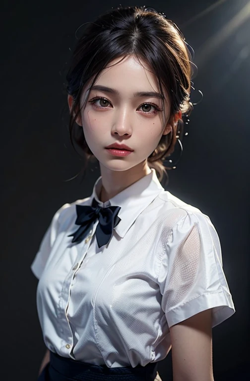 (photo real: 1.4), (surreal: 1.4), (actual: 1.3), (soft light: 1.05), (Improved cinematic lighting: 0.9), 32k, A Japanese woman with a faint smile, Realistic lighting, backlight, face lamp, Ray tracing, (bright light: 1.2), (Quality improvement: 1.4), ( High quality realistic textured skin: 1.4), delicate eyes, Detailed face, quality eyes, dark brown eyes, (tired, sleepy and content: 0.0), pale light, White shirt, bow tie, navy blue skirt, White silk socks