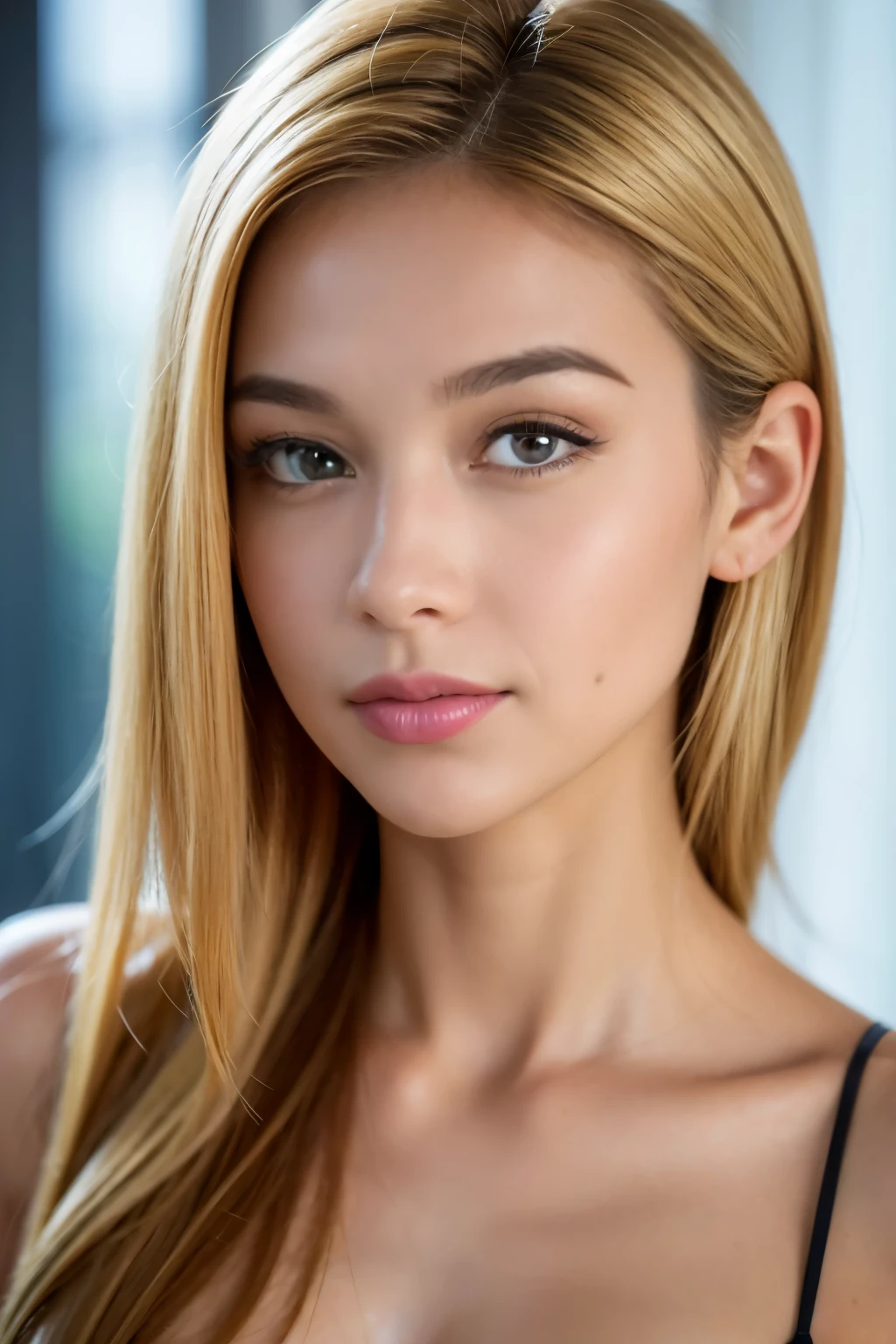Image du visage d'une femme européenne, mince avec un visage de femme asiatique et ayant des cheveux longs et blonds et n'ayant pas de tatouage