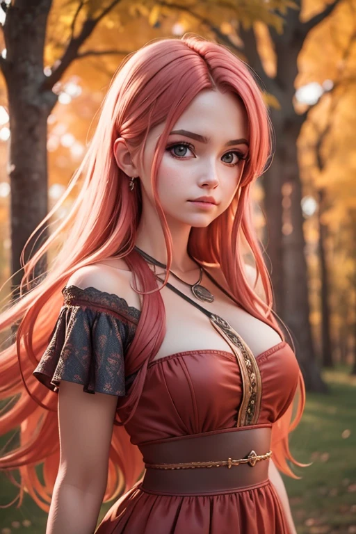 [Retrato de cuerpo entero] [Nordic fashion model aged 18-23] [cabello color rojo] [vestido como un estilo vikingo de guerreroored expression on face] [Forest and autumn landscape] [type of illumination: natural  lighting], extremadamente realista, 8k, detalles locos, detalles intrincados, bellamente graduado de color, Color Grading, Cinematographer editorial, Cinematographer, bokeh, tomada con una lente de 60 mm, ISO 300, f / 4, 1/200th