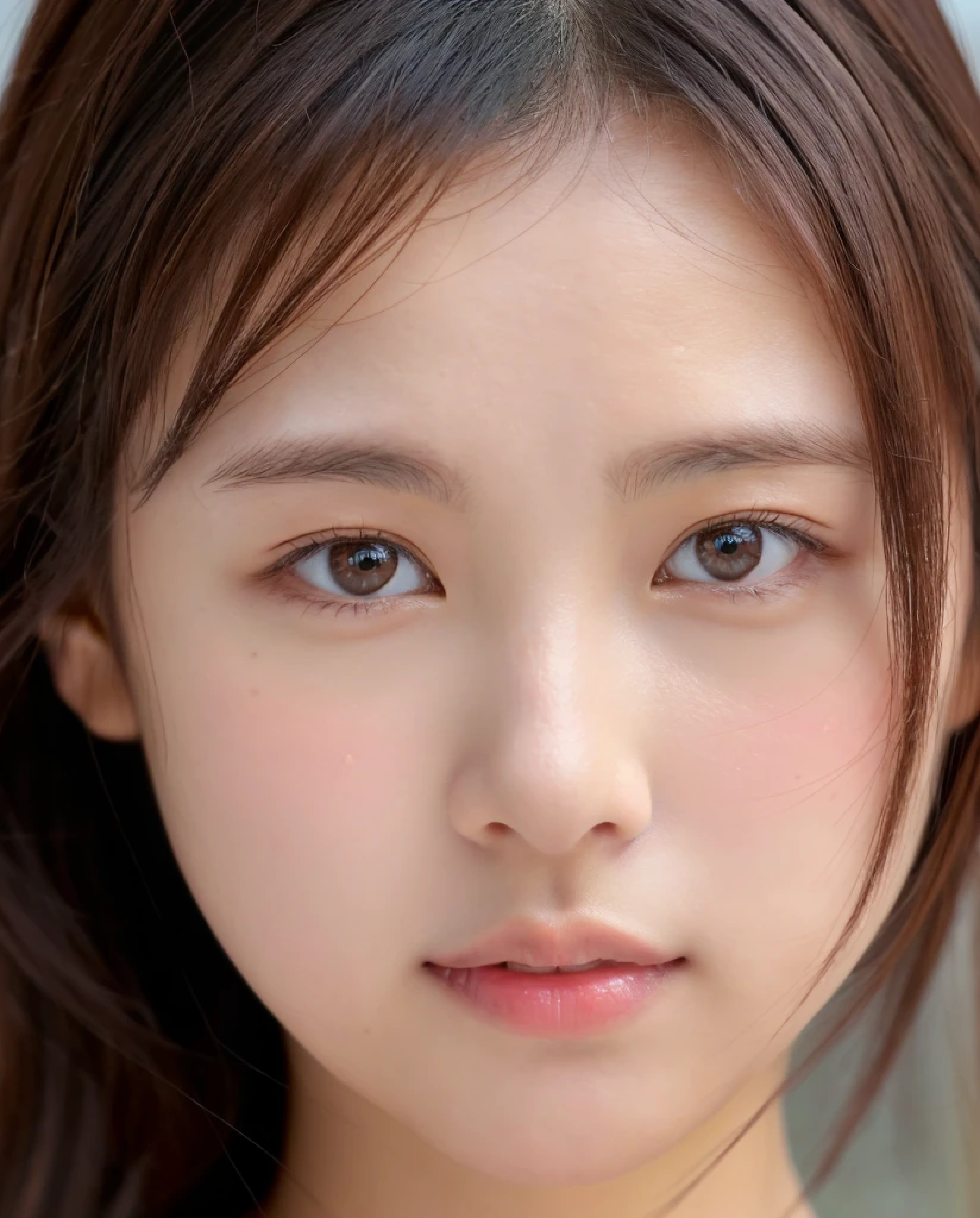 ((cute日本の女の子、beautiful japanese girl、1 girl、clear、19 years old、ponytail、Highly detailed face and skin texture、refinement、super detailed face、highly detailed eyes、Lee Hong、blush、cheek、ピンクのcheekを塗ったcheek、close-up of woman、Breast augmentation、frontを向いている顔、frontを向いている体、looking at camera、front、cute、smooth white skin、Transparent skin texture、))、(dark brown hair、bangs)、beautiful woman with perfect style：1.4、japanese model、young gravure idol、若いcuteグラビアアイドル、Realistic young gravure idol、refinementされたグラビアアイドル、((highest quality、8K、masterpiece:1.3、１photograph))、(4k、RAWphotograph、highest quality)、(realistic、フォトrealistic:1.37)、Place someone on the other side of the screen、Natural light、upper body and head、
