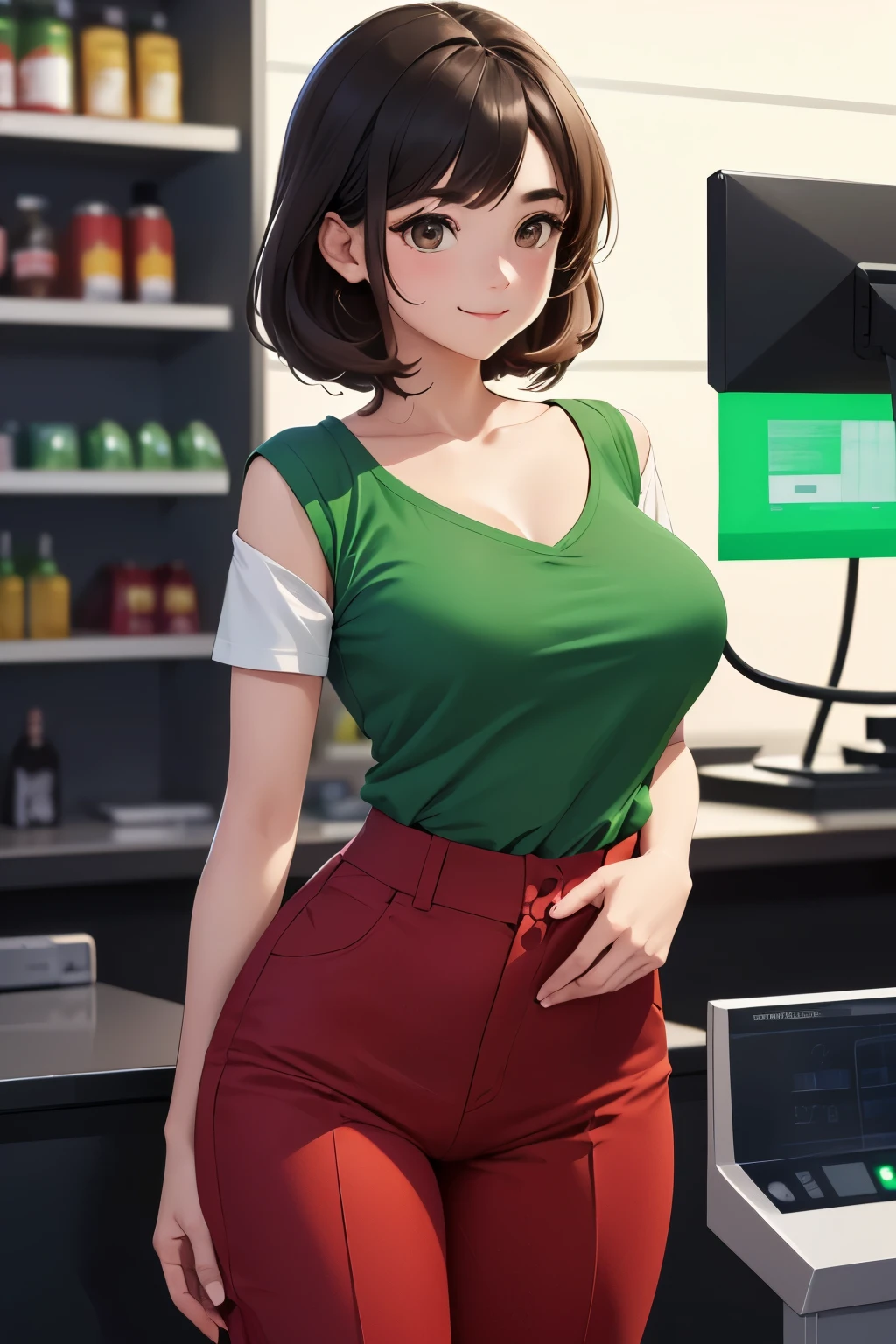 (extremely details CG, Unity, 8K Wallpaper extremely delicate and beautiful), (​masterpiece), (top-quality:1.0), (超A high resolution:1.0), ((perfect proportion shot:1.0)), beautiful vibrant lighting, realistic shadow, [high resolution], cute face, round brown eyes, soft angled brow, 27 years old, kind expression, kind smile, ((dark hair)), ((medium above shoulder hair)), (((medium breasts size))), plumpy body shape, convenience store clerk, convenience store, cashier machine, ((seven-eleven red and green shirt uniform)), ((black long pants)), ((waist up shot)))