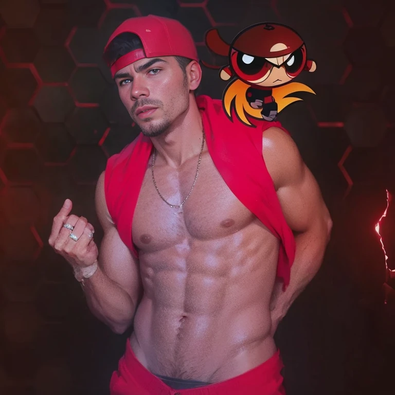 A boy in red shorts and a red shirt showing his muscles, bodybuilding, CG feel, sticky white liquid flowing between realistic belly