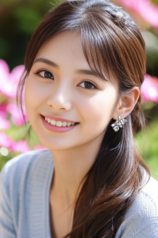 A beautiful woman with perfect eyes and nose、beauty like a model、cute like a model、eyes are double、How to use regular but cara、eye color is blue、hair color is pink、her face is delicate and elegant.、8k images、Beautiful style like a model、Normally large、A refreshing and lovely smile、Glamaloid Smile、Beautiful and delicate face like a model、highest quality、But the uter piece、cute smile、 atmosphere、elegant beauty、