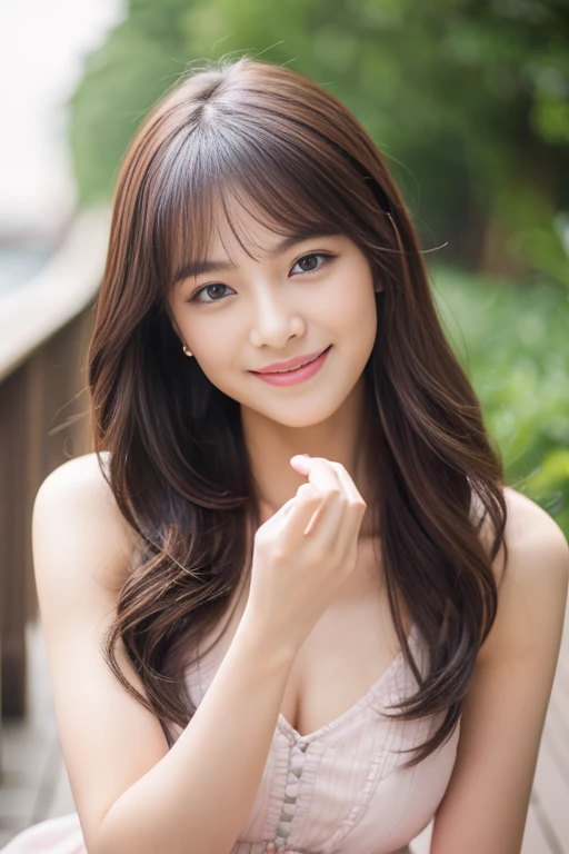 A beautiful woman with perfect eyes and nose、beauty like a model、cute like a model、eyes are double、How to use regular but cara、eye color is blue、hair color is pink、her face is delicate and elegant.、8k images、Beautiful style like a model、Normally large、A refreshing and lovely smile、Glamaloid Smile、Beautiful and delicate face like a model、highest quality、But the uter piece、cute smile、 atmosphere、elegant beauty、