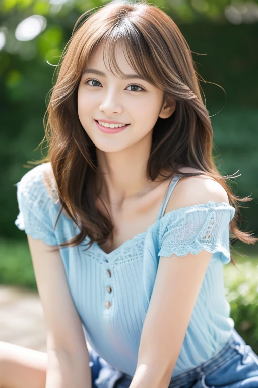 A beautiful woman with perfect eyes and nose、beauty like a model、cute like a model、eyes are double、How to use regular but cara、eye color is blue、hair color is pink、her face is delicate and elegant.、8k images、Beautiful style like a model、Normally large、A refreshing and lovely smile、Glamaloid Smile、Beautiful and delicate face like a model、highest quality、But the uter piece、cute smile、 atmosphere、elegant beauty、