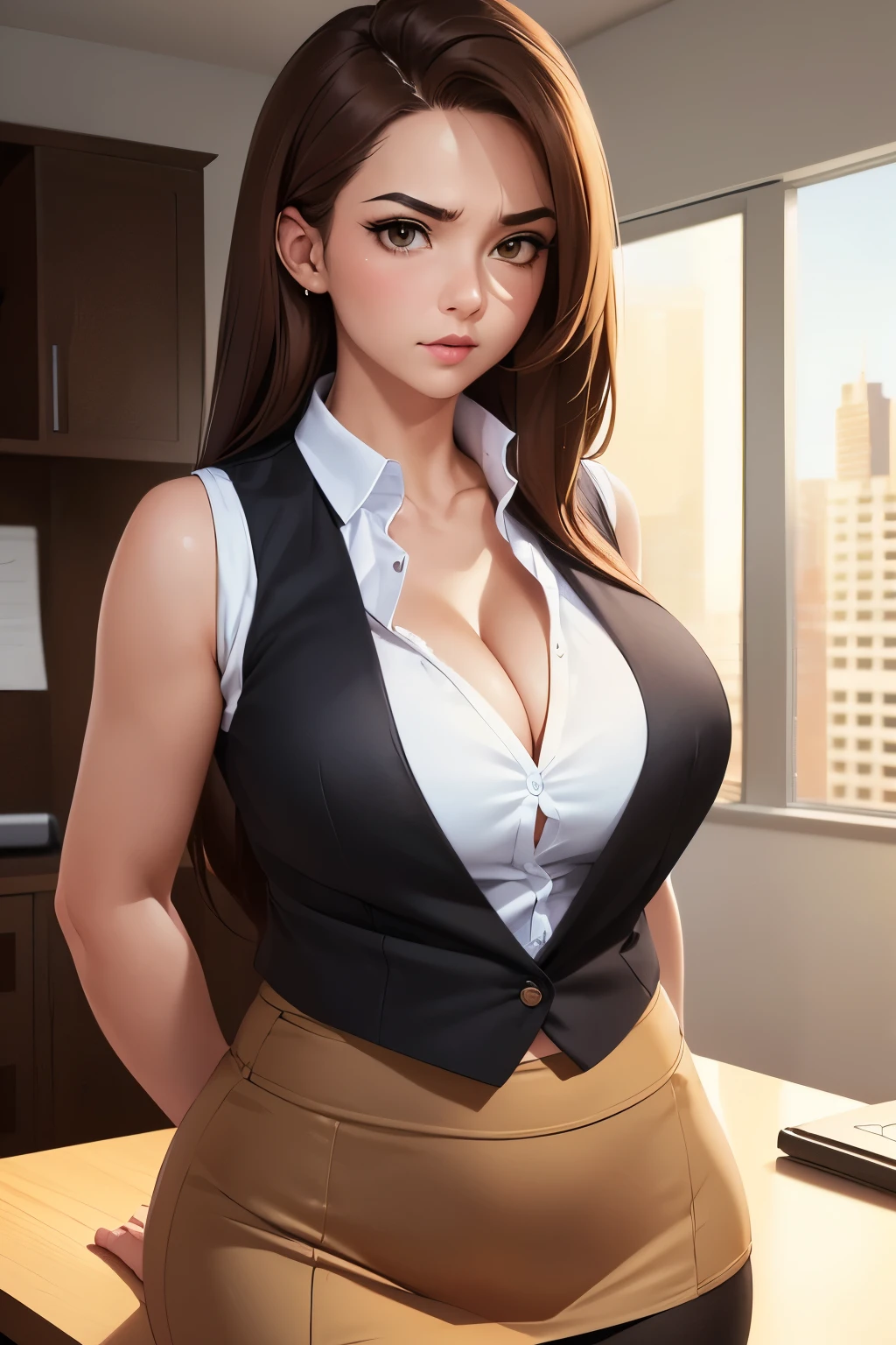 (extremely details CG, Unity, 8K Wallpaper extremely delicate and beautiful), (​masterpiece), (top-quality:1.0), (超A high resolution:1.0), ((perfect proportion shot:1.0)), beautiful vibrant lighting, realistic shadow, [high resolution], pretty face, slanted brown eyes, soft angled brow, 34 years old, arrogant expression, angry, ((brown hair)), ((semi-long shoulder-length hair)), (((medium breasts size))), plumpy body shape, office, office stuff, humiliating pose, ((outer formal brown office vest)), ((sleeveless white shirt)), ((short tight brown skirt)), cleavage, office desk, ((waist up shot)))