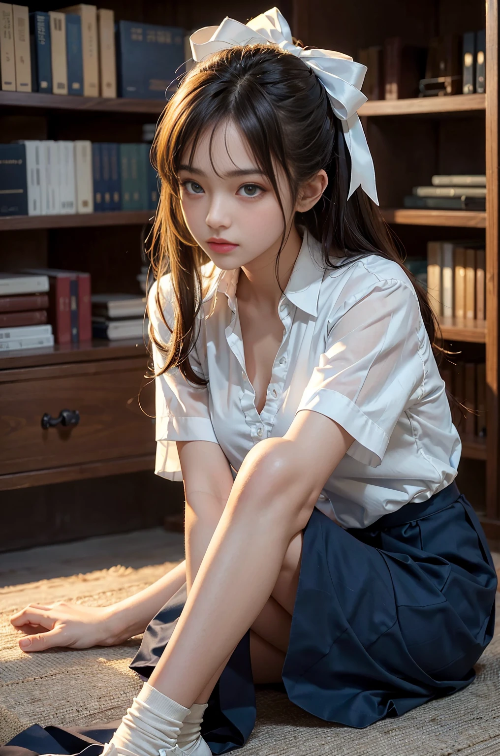 20 year old woman, (high top faded: 1.3), (Low(Low)), (soft focus), HD, masterpiece, HD, HD, 4K, 超HD, Very realistic shadows, Surreal, dramatic lighting, a girl, alone, Detailed face, lifelike眼睛, lifelike皮肤, dynamic hair, dynamic poses, dynamic angle, (White shirt), (dark blue bow tie) , (((Dark blue long skirt)))), ((White hem short ankle socks))), library background, (original photo: 1.2), (lifelike: 1.4), beautiful and delicate woman, Extremely detailed eyes and face, Beautiful and delicate eyes, File size is huge, 一个Very detailed的, high resolution, Very detailed, best quality, (bright interior), (soft light), (Low对比度), ( shallow view deep), (Portrait of a beautiful woman illuminated by soft light), (Very delicate and elegant depiction), (short bangs), (Head color is dark chestnut,slightly brownish), (Subtle and silky waves), (long hair两侧错综复杂地编织小辫子), ((White hem short ankle socks))), illustration, Very detailed, BAPV, Unite, 8k wallpaper, Astonishing, fine details, best quality, Highly detailed year-to-date integrated 8K wallpapers, Menko, movie lights, 1 girl, 25 years old, (((No)), (camel toe), (half), (Sit on bent knees and legs)), long hair, dark theme, soothing tone, pastel colors, high contrast, (natural skin texture, Surreal, soft light, Impatient), Capturing the serene beauty of a young woman immersed in the peaceful atmosphere of a library.. Soft diffused light gently illuminates her features., It emphasizes her sophisticated look and creates a calm atmosphere. Library shelves filled with books,Provides a background of knowledge and wisdom. It focuses on capturing the model's natural charm and elegance, Maintain the essence of calm and thoughtful moments. Cute 21 year old Japanese gravure model,Soft body, gray brown wavy hair, Decorate with ribbon, charming appearance. She wears a frilly white blouse, Blue ruffled skirt and white ruffled socks. sitting on bed, She hugged her knees,Stare at the camera, Exudes melancholy charm. Create scenes where beauty and ephemerality intertwine, National Science Foundation