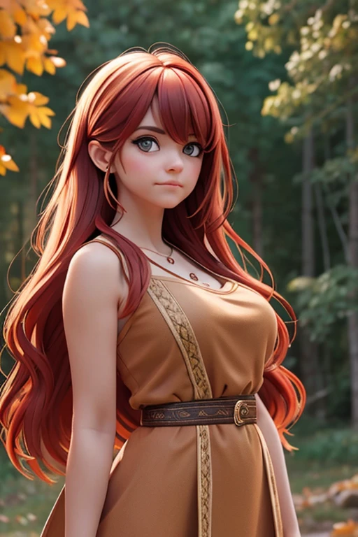 [Retrato de cuerpo entero] [Nordic fashion model aged 18-23] [cabello color rojo] [vestido como un estilo vikingo de guerreroored expression on face] [Forest and autumn landscape] [type of illumination: natural  lighting], extremadamente realista, 8k, detalles locos, detalles intrincados, bellamente graduado de color, Color Grading, Cinematographer editorial, Cinematographer, bokeh, tomada con una lente de 60 mm, ISO 300, f / 4, 1/200th