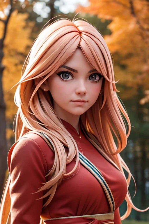 [Retrato de cuerpo entero] [Nordic fashion model aged 18-23] [cabello color rojo] [vestido como un estilo vikingo de guerreroored expression on face] [Forest and autumn landscape] [type of illumination: natural  lighting], extremadamente realista, 8k, detalles locos, detalles intrincados, bellamente graduado de color, Color Grading, Cinematographer editorial, Cinematographer, bokeh, tomada con una lente de 60 mm, ISO 300, f / 4, 1/200th