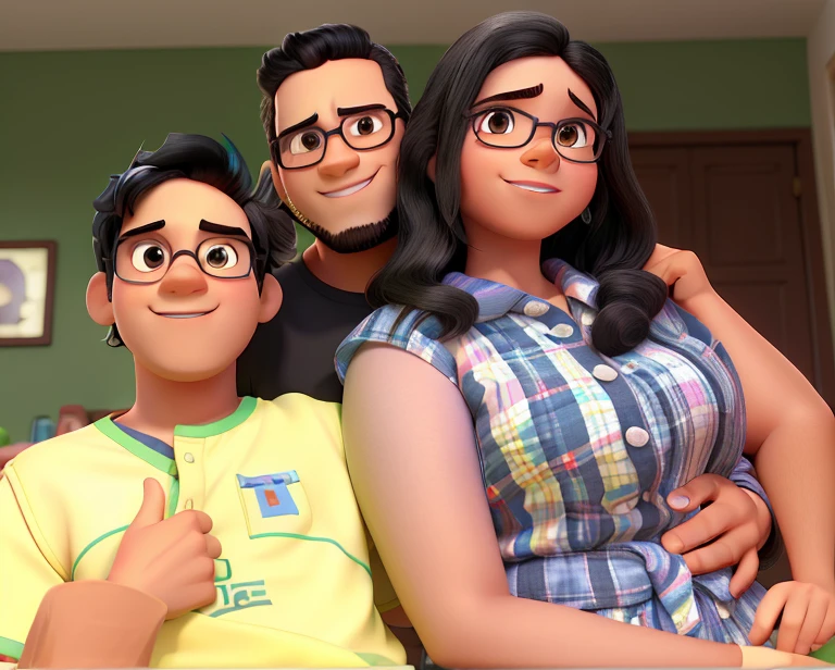 um homem jovem, barba fios pretos, uma mulher jovem, cabelos longos pretos , a 10 year old child with black hair hugging disney pixar style 3d