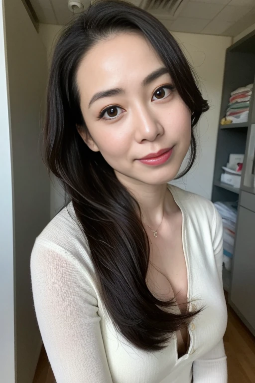 ((Best Quality, 8k, Masterpiece, Portrait: 1.3)), (looking at the viewer, look down),Photorealistic, Sharp Focus, Beautiful Japan Milf, Clothes with Cleavage View, 30 Years Old, Wavy Hair, ((beautiful detail skin)), ((double eyelid, eyelash, lip gloss)), (Wrinkles at the Corners of the Eyes:0.6), ((Close your legs show crotch)), (loose waist:0.5), (scared:0.7), (pubichair:0.8), Office Changing Room, a lots of metal lockers,