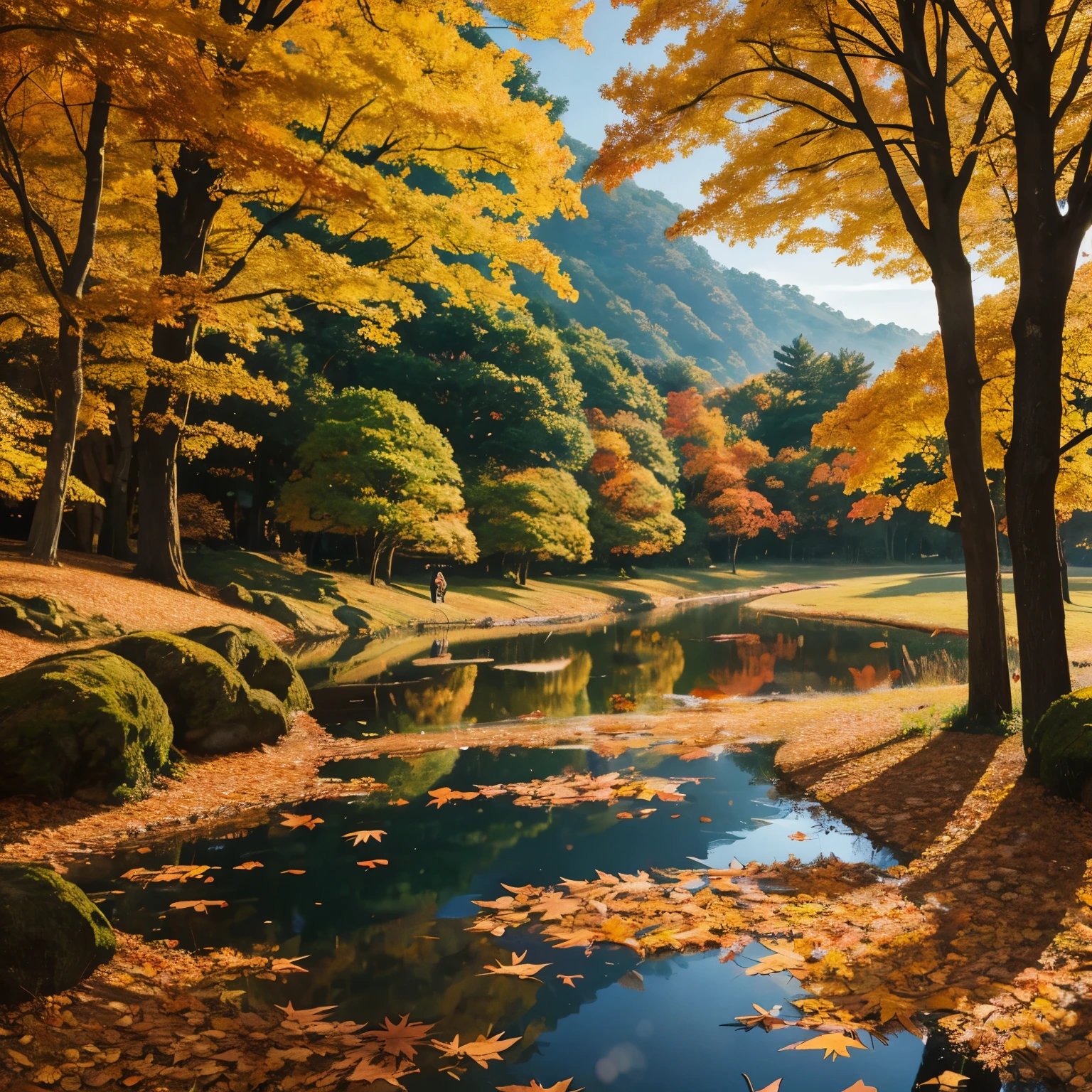 Ghibli-style drawing, a scene where many autumn leaves fall and dance