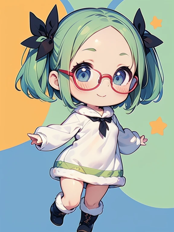 Chibichara ***********, smiles, (Very small breasts), (deep blue eyes), (Pale green hair, Short hair, forehead, Small pigtails), (red-half-rimed glasses),Chibi Chara, winter costume with fluff, Warm, fur, Ribboned, knit sweater-in-chest open dress, ribbon tie, Zettai-ryoiki, colorful tights, fur boots, full body Esbian, ​masterpiece, Ultra Quality。