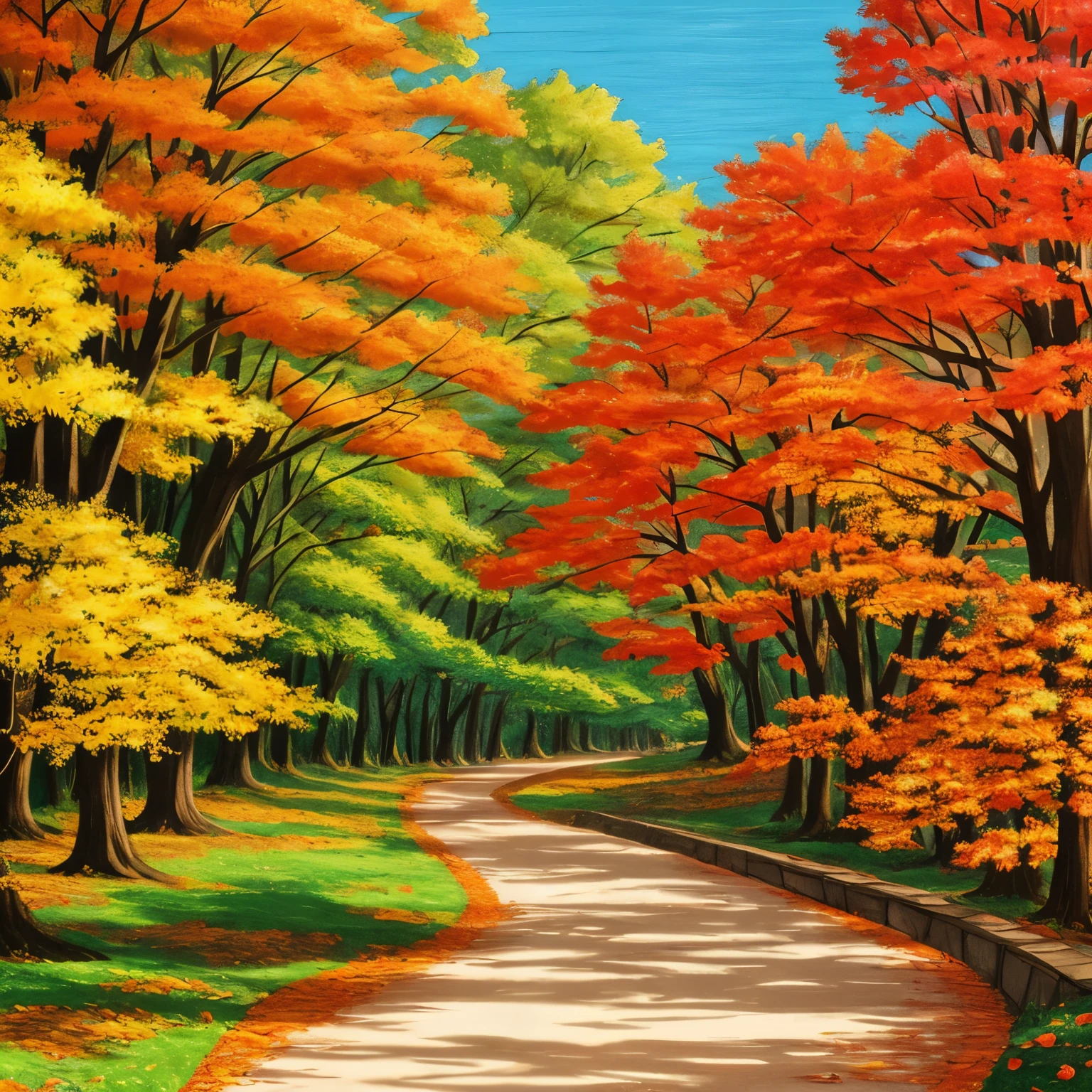 Ghibli-style drawing, a scene where many autumn leaves fall and dance