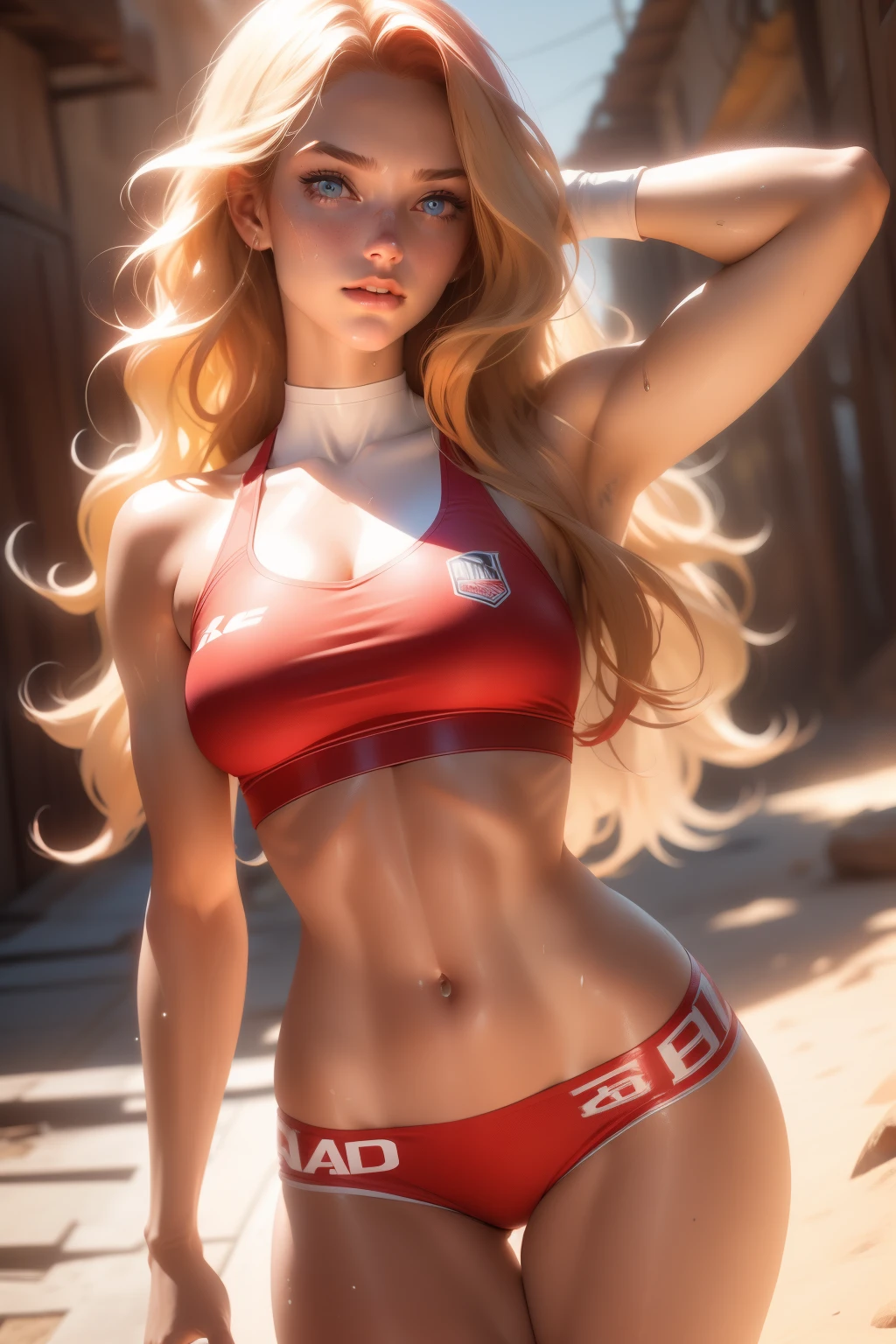 (1girl, 18 year olds),medium breasts, breasts,white female, red hair, blue eyes tan, dewy skin, sweaty skin, wavy blonde hair, beauty, ultra-realistic, ultra lifelike, 4k, unreal engine, film grain, perfect face, full body shot, slim thighs