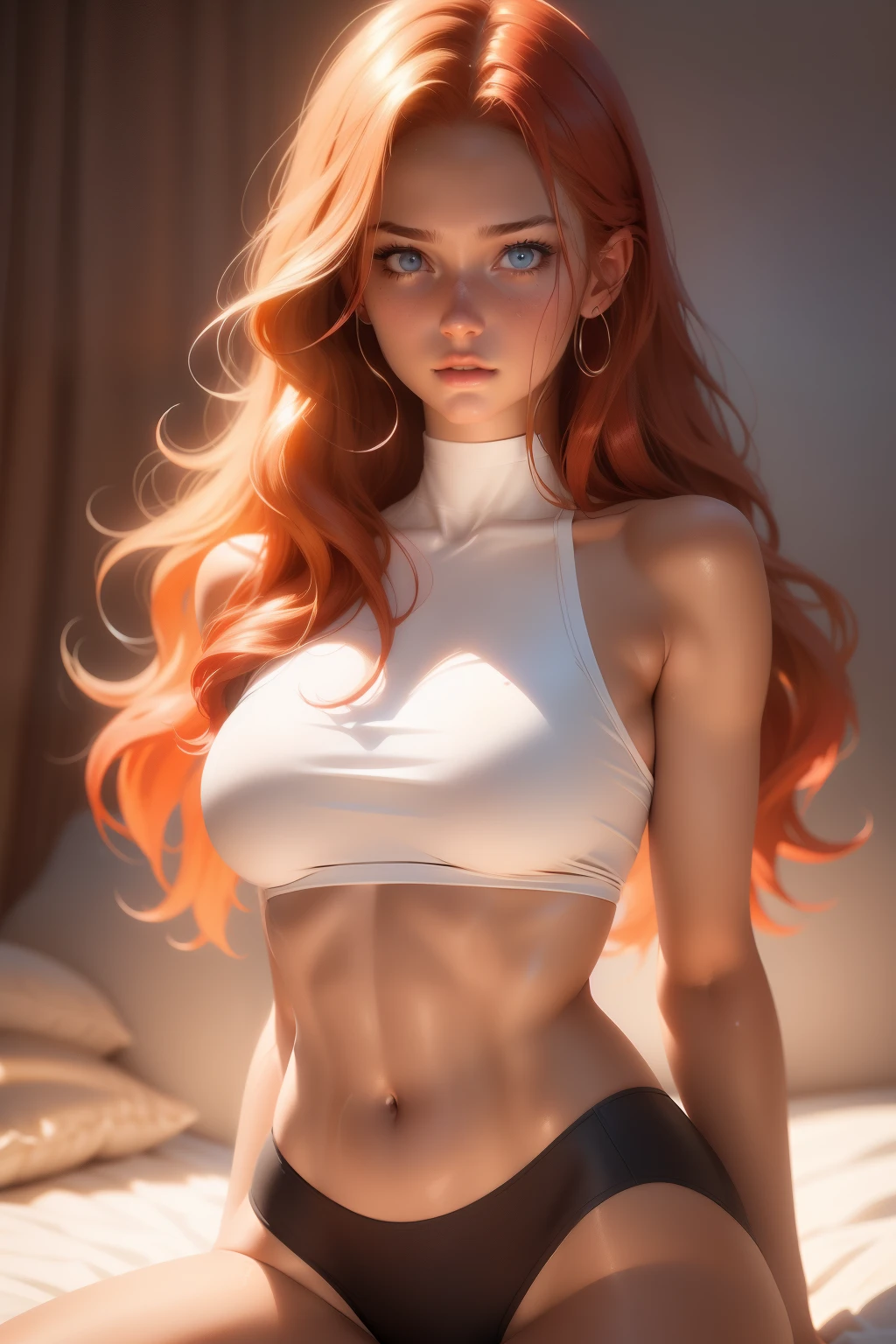 (1girl, 18 year olds),medium breasts, breasts,white female, red hair, blue eyes tan, dewy skin, sweaty skin, wavy blonde hair, beauty, ultra-realistic, ultra lifelike, 4k, unreal engine, film grain, perfect face, full body shot, slim thighs