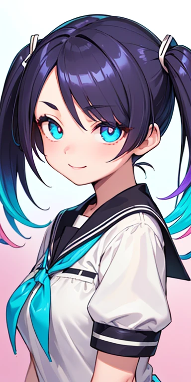 baby face, (colorful fluorescence multicolored hair:1.5,short twintails:1.5), (masterpiece, sidelights, exquisite beautiful eyes: 1.5), masterpiece*portrait, realistic, {(Colorful background of different colors:1.5)},colorful,3D face,(cute face),front view: 1.6、 (glowing blue eyes),plump face:1.5,(tareme:1.5)、(evil smile:1.2),Rosy Mouth,Slim Body, shiny hair, shiny skin: 1.5、medium breasts,、solo,(stand)、(high school girl,school uniform)、(charactor focus:1.5、portlate:1.5、eye focus:1.5,upper body),(gradient eyes:1.5)