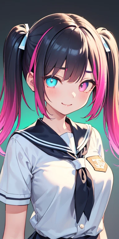 , (colorful fluorescence multicolored hair:1.5,short twintails:1.5), (masterpiece, sidelights, exquisite beautiful eyes: 1.5), masterpieceportrait, realistic, {(Colorful background of different colors:1.5)},colorful,3D face,(cute face),front view: 1.6、 (glowing blue eyes),plump face:1.5,(tareme:1.5)、(evil smile:1.2),Rosy Mouth,Slim Body, shiny hair, shiny skin: 1.5、medium breasts,、solo,(stand)、(high school girl,school uniform)、(charactor focus:1.5、portlate:1.5、eye focus:1.5,upper body),(gradient eyes:1.5)
