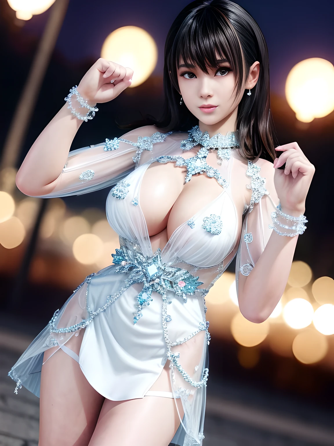 first-person view,1girl,Nanami,(Wearing Ice-crystal embellished dress:1.5),((flower shop)),Jewelry,Tattoos,nighttime, full_moon,(( Water droplets glow)),slightly parted lips, lewd smile, lascivious, sexy poses,red lips,charming body,Charming cleavage,(Masterpiece:1.5),( best quality:1.4),(reality:1.4), detailed,8K,Digital art,Detailed hair,expressive eyes, perfect face, real fingers,depth of field,Analogous Colors,Warm Tone,soft light,low Contrast,hard shadow, pop surrealism,(bright colors:1.3),
