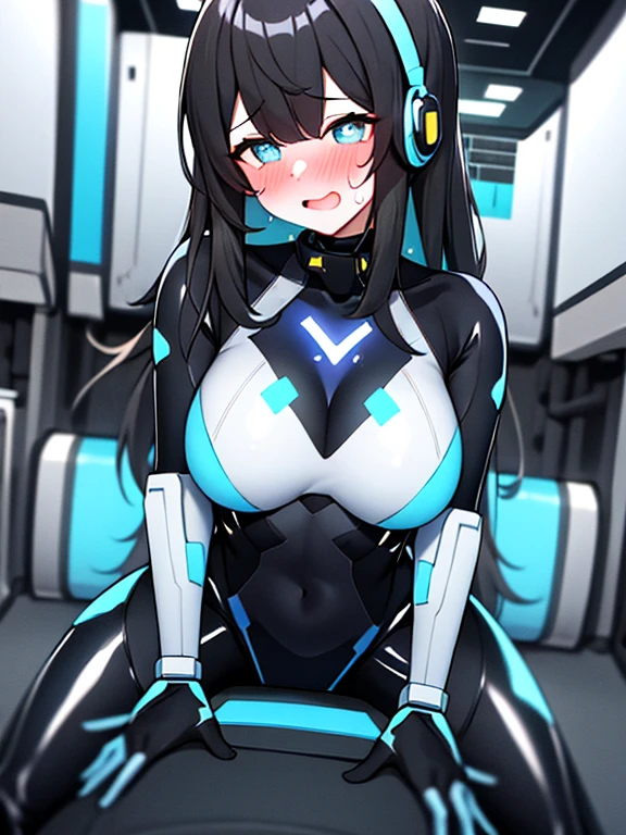 (Equestrian machine):1.3、乗馬マシーンにstraddle、straddle:1.3,Tubes and cables、holds the smartphone in her hand、(Interior of white cyberpunk futuristic space station)、1 girl、solo、full body painting、chest、Sweat、tears、heart-shaped pupil、Ahegao、Steamed body、(blue and black bodysuit):1.2、(Futuristic latex bodysuit space suit):1.1,headphone、V arm、(blush:1.3)