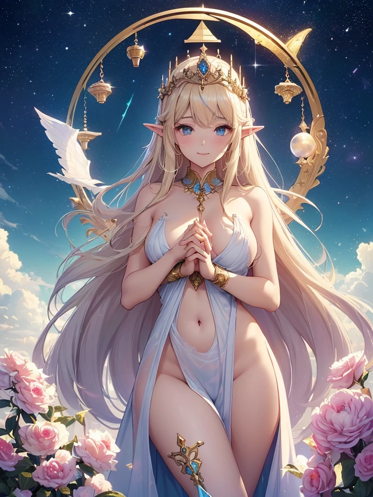 highest quality、Highest image quality、masterpiece、Super beautiful elf beauty((22 years old OL big bust、Bust 90,beautiful long ironed hair、blonde、(優しくお祈り🙏1.9)globe、、slender、Close-up、Esbian、beautiful tiara、High quality、beautiful art、background((blue sky)))muste piece、visual art、Depth of the bounds written、low angle of morning sky、、elf ears、、light magic、Space Knight、harp melody🎵、happy smile、gentle light、、Beautiful legs that are gentle on the skin、、、Number of fingers to achieve precise finger movements、ticker beautiful decorative、elegant、Mystical　rosa、　Heaven、Marble pillars, beautiful dressy、magnificent marble dome、Huge galaxy、religious painting、holding the earth、Temple of Time、Great watch、hourglass、sundial、moment of creation！myth、、pray with both hands together、full nude、nsfw,nude,sexy,Aphrodite、beautiful sunny weather