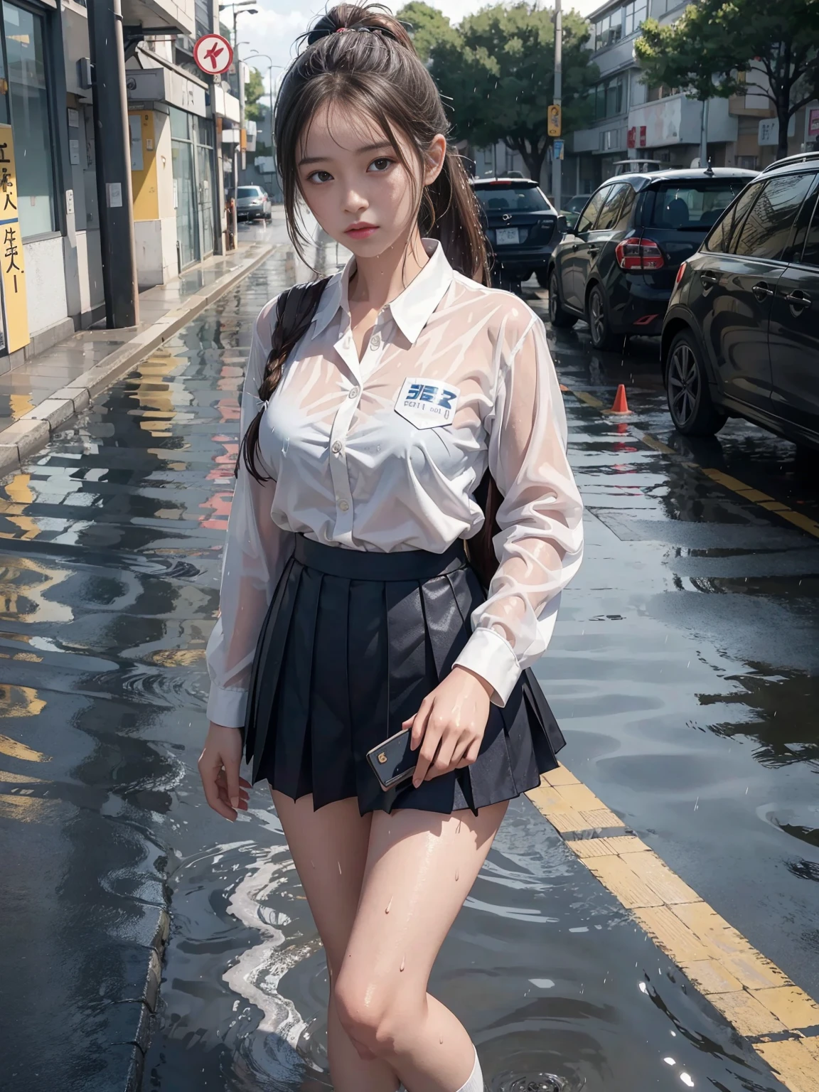 Girl in soaking wet Japanese school uniform, transparent wet uniform,wet, mini skirt, white shoes, Dry legs and wet legs, beautiful girl, pretty face,brown eyes, Ponytail blonde long hair, actual, 8K quality, Express, high quality, super detailed face, big bust, rain 오는 날씨, rain, There is water on the street