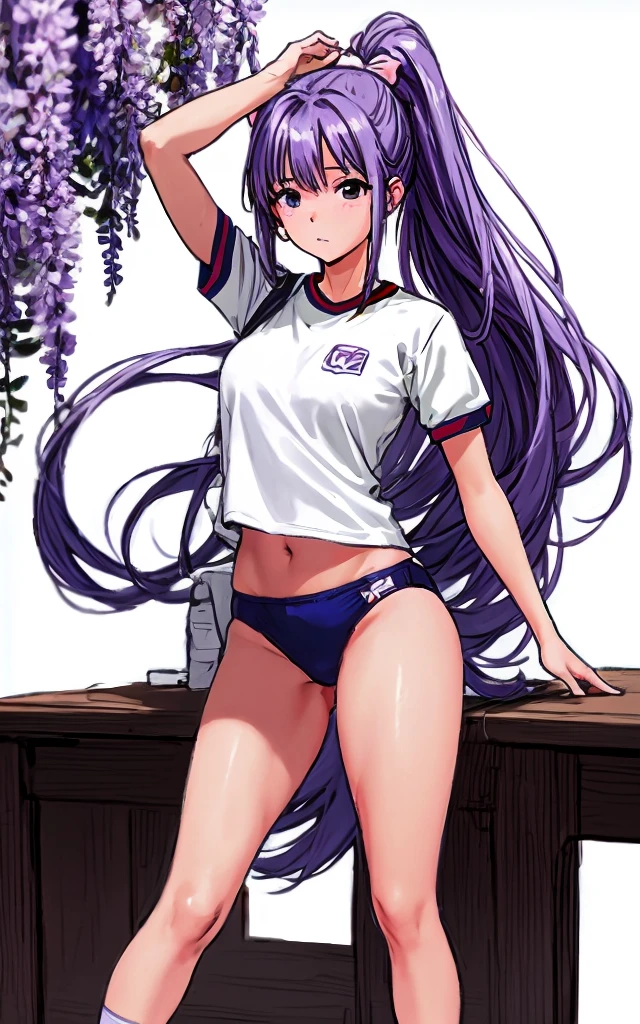 A beautiful woman with long wisteria purple hair in a ponytail that reaches to her shoulders and a light pink ribbon in the back, and a sharp face and beautiful legs, is wearing a white gym uniform.、I&#39;m standing at school wearing dark blue bloomers shaped like panties.。