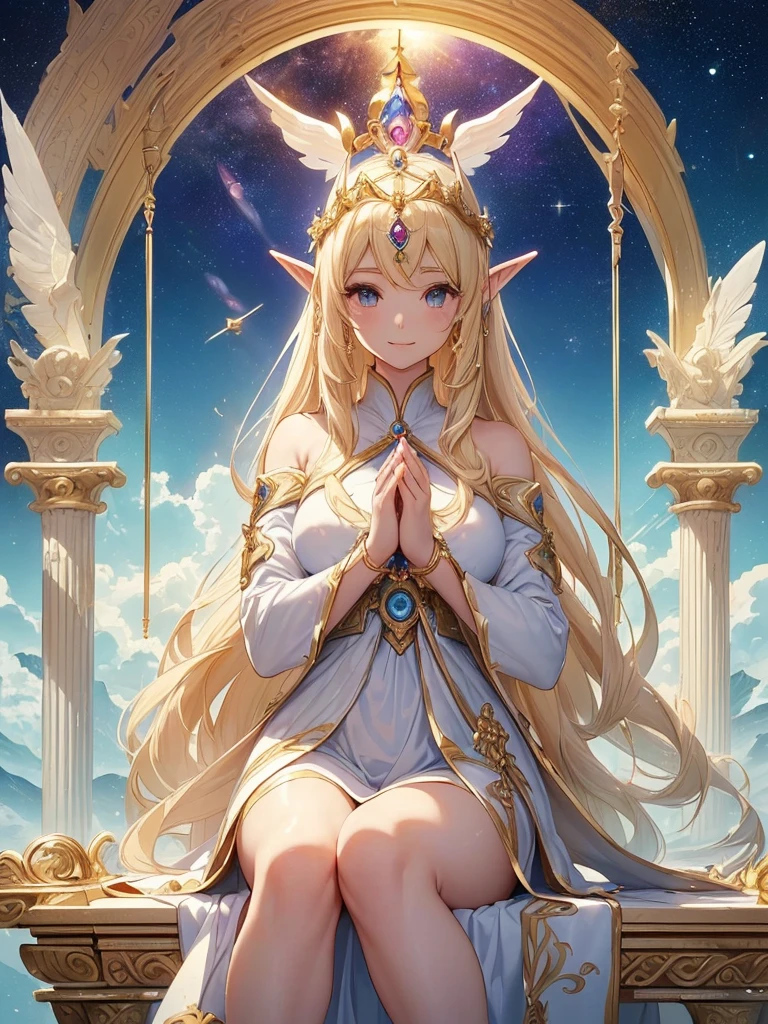 highest quality、Highest image quality、masterpiece、Super beautiful elf beauty((22 years old OL big bust、Bust 90,beautiful long ironed hair、blonde、(優しくお祈り🙏1.9)globe、、slender、Close-up、Esbian、beautiful tiara、High quality、beautiful art、background((blue sky)))muste piece、visual art、Depth of the bounds written、low angle of morning sky、、elf ears、、light magic、Space Knight、harp melody🎵、happy smile、gentle light、、Beautiful legs that are gentle on the skin、、、Number of fingers to achieve precise finger movements、ticker beautiful decorative、elegant、Mystical　rosa、　Heaven、Marble pillars, beautiful dressy、magnificent marble dome、Huge galaxy、religious painting、holding the earth、Temple of Time、Great watch、hourglass、sundial、moment of creation！myth、、pray with both hands together、,Aphrodite、beautiful sunny weather、symmetry