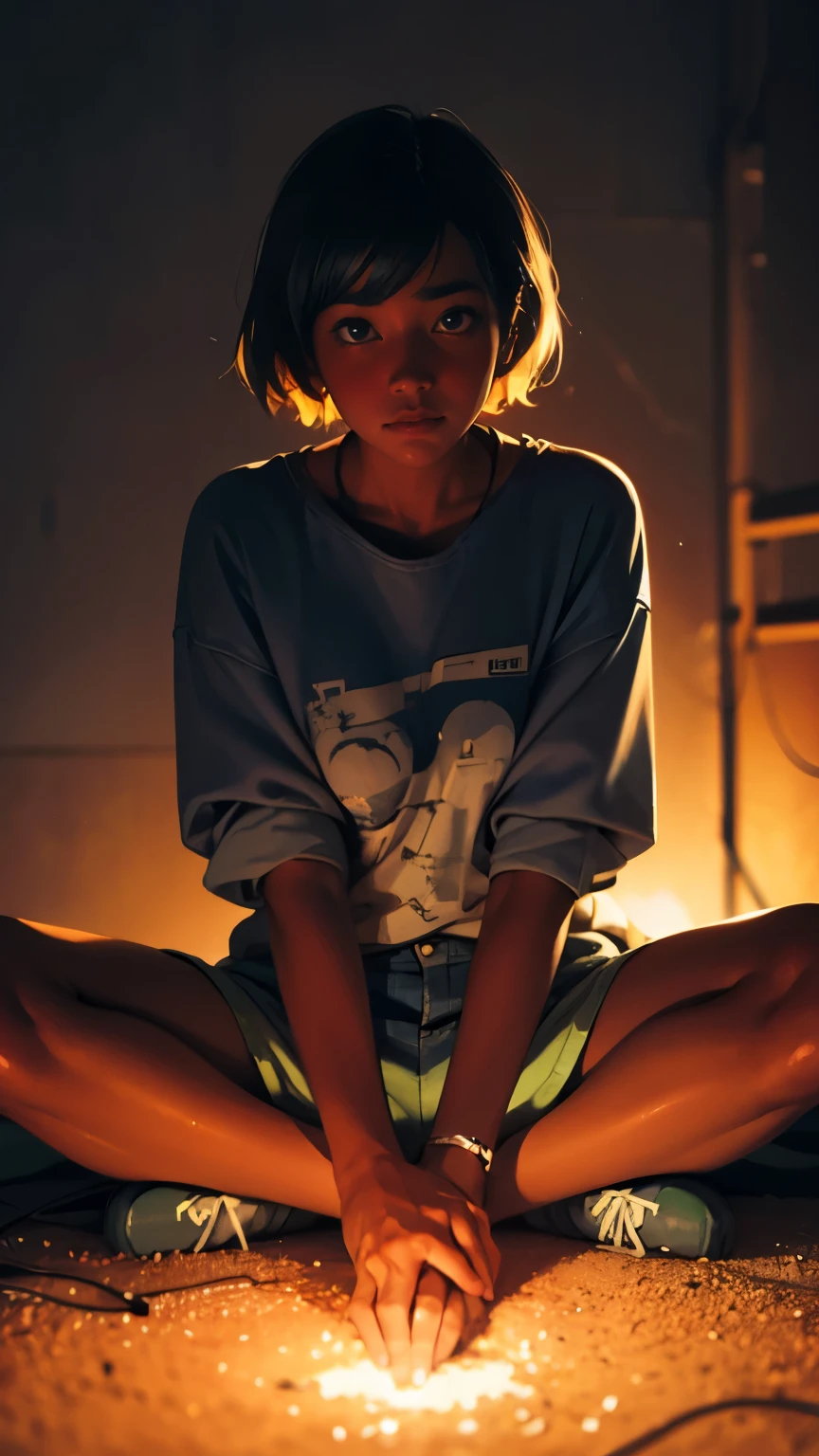 Pretty black woman sitting on a hillside, soft hair, funkypop, cyberdelic, grunge, hyperrealistic anime, lofi art, luminism, manga, medium shot, chemiluminescence, flare, flourescent lightin, character design, atey ghailan, basquiat, colorful_frequencies, electric colors, iridescent, dynamic pose, nouveau realisme, city background, african american