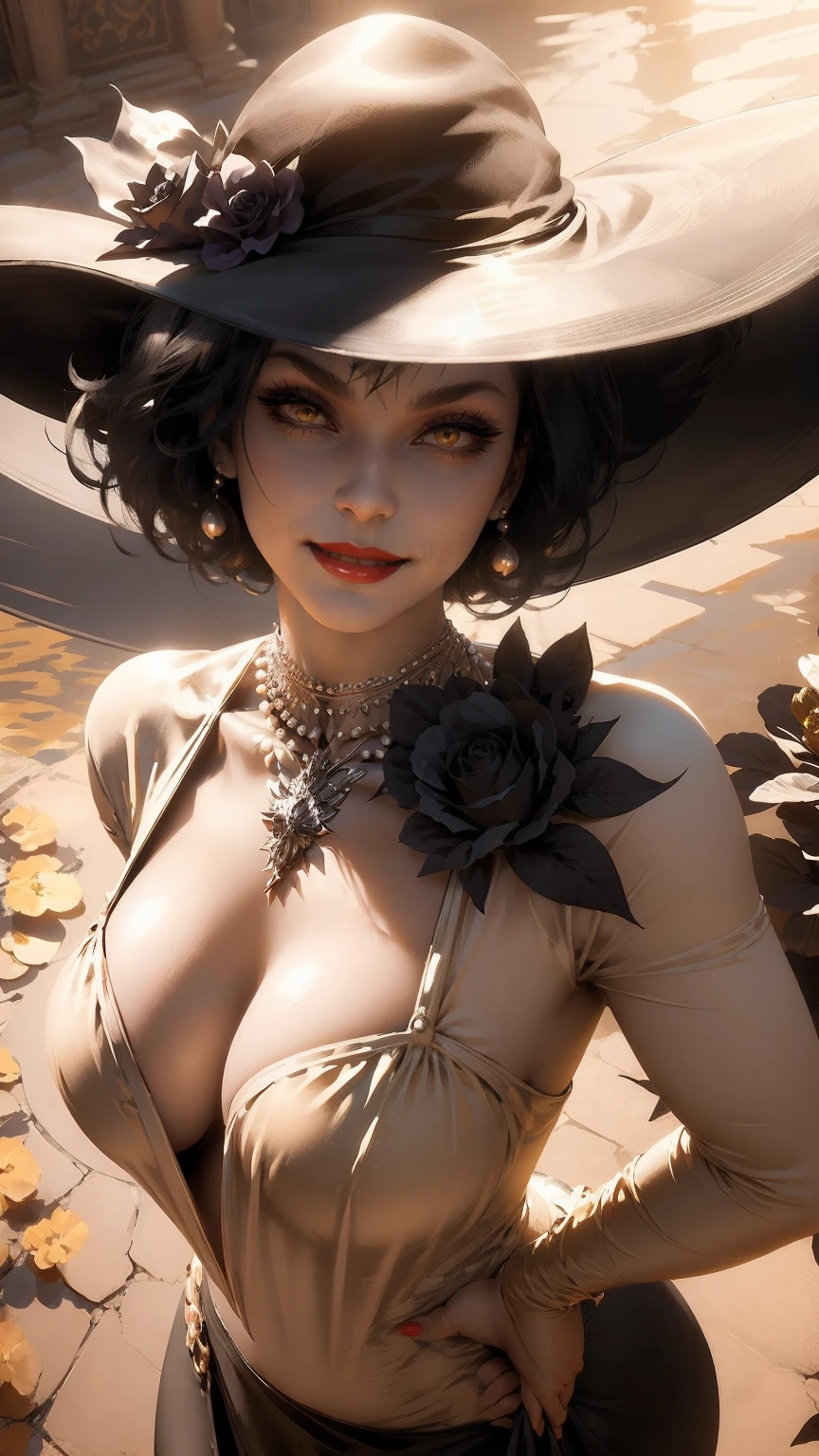 (masterpiece, best quality) 1girl, LadyDimitrescu, light skin, black hair, black flower, black rose, jewelry, breasts, necklace, hat, solo, yellow eyes, flower, dress, makeup, cleavage, pale skin, looking at viewer, earrings, lipstick, red lips, pearl necklace, rose, large breasts, smile, short hair, white dress, black headwear, upper body, sun hat, grin, mature female