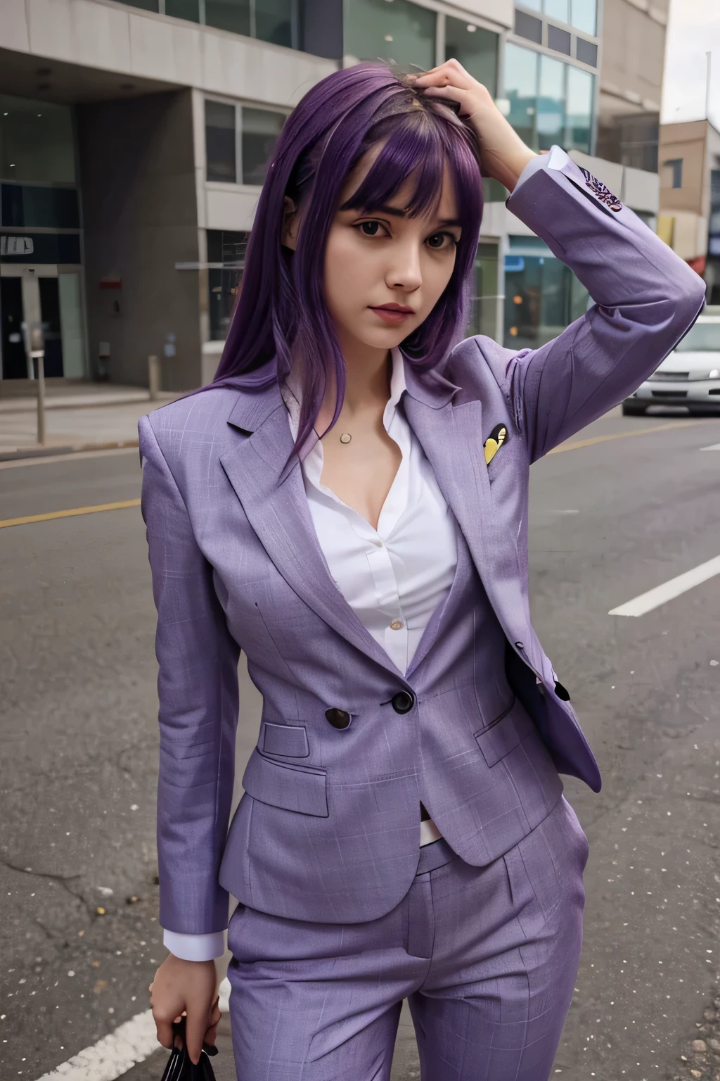 purple hair slim body small cute face perfect girl in suit outfit  narrow face with hair bangs