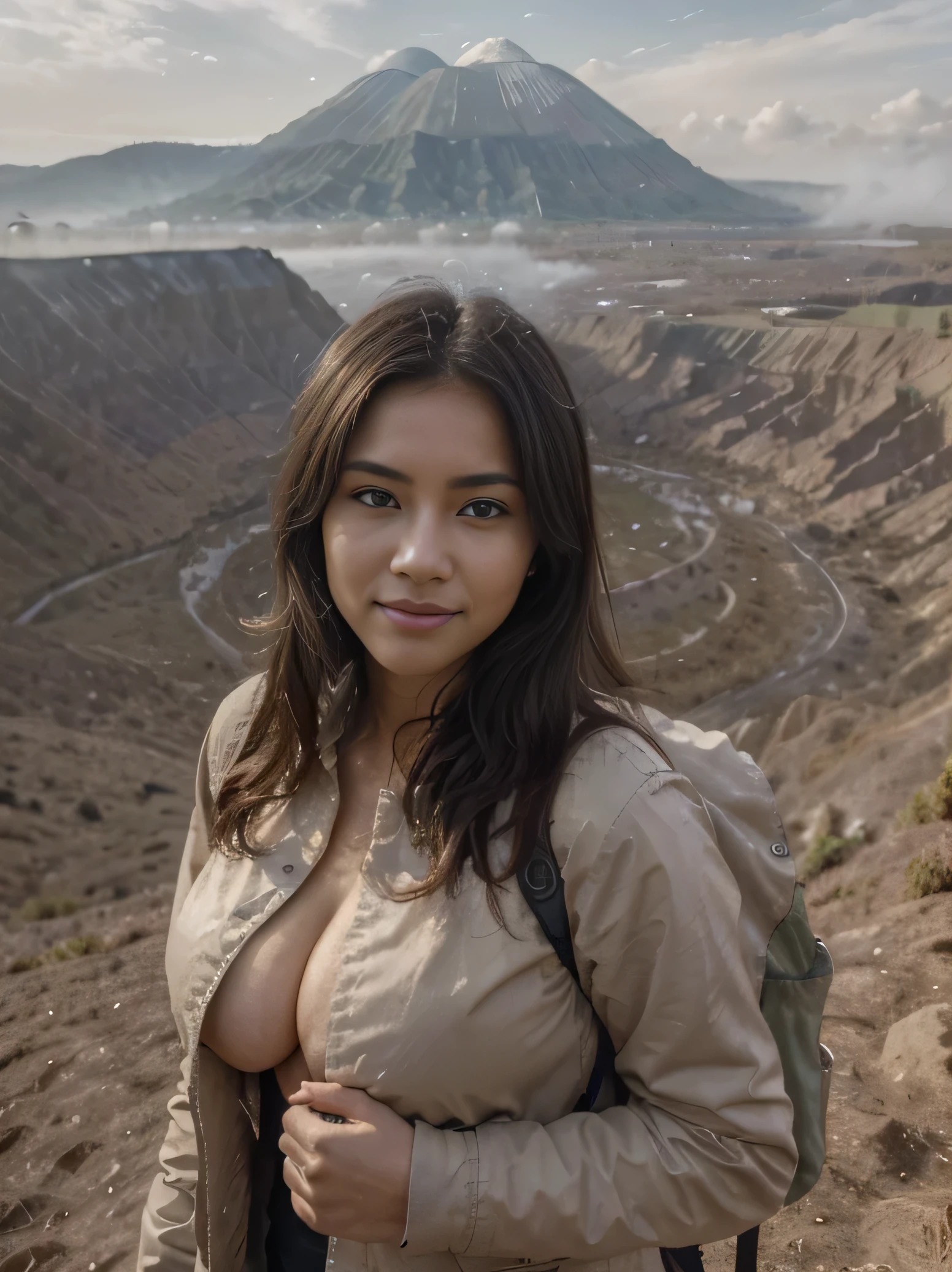 ((Top Quality, 8k, Masterpiece: 1.5)), indonesian Woman (1, 19 years old, smile, very detailed face and skin and hair texture, detailed blue eyes, double eyelids, white skin, beautiful delicate nose, parka wearing, exposed cleavage, large breast), overhead camera, sharp focus: 1.2, while emphasizing the subject's eyes, mouth, action The composition is pleasing to the eye and thought-provoking. ⠀
ground, outdoor, wonderful sunrise view at mount bromo, nature, cheerful, wind, happy, backpack, tent, bonfire, forest, river, foggy atmosphere, shadow, contrast, clear sky, grey background, (warm shades, warm tones), pleasant to the eye, while exuding melancholy emotions, characterized by a contrasting mix of calm tones and light and shadow, with dynamic angles, It is a thought-provoking composition.