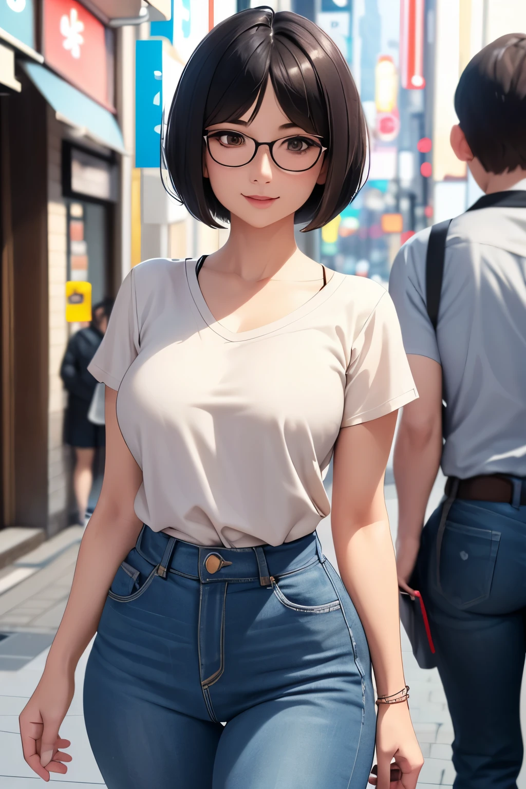 (extremely details CG, Unity, 8K Wallpapertremely delicate and beautiful), (​masterpiece), (top-quality:1.0), (超A high resolution:1.0), ((perfect proportion shot:1.0)), beautiful vibrant lighting, realistic shadow, [high resolution], round cute face, round brown eyes, soft angled brow, 22 years old, shy, smile, timid, scared, ((black hair)), ((pixie bob cut very short hair)), glasses (((medium breasts size))), plumpy body shape, tokyo city street, brown pastel blouse, sky blue long jeans, ((waist up shot)))