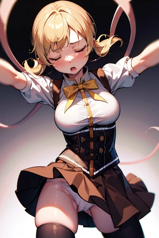 1 girl, cowboy shot, solo, perfect anatomy, standing, spread arms, mami tomoe, masterpiece, best quality, highres, big breast, closed eyes, moaning, :o, kneeling, (skirt fluttering, white panties:1.2), tentacles, dark atmosphere, Tyndall effect, scenery