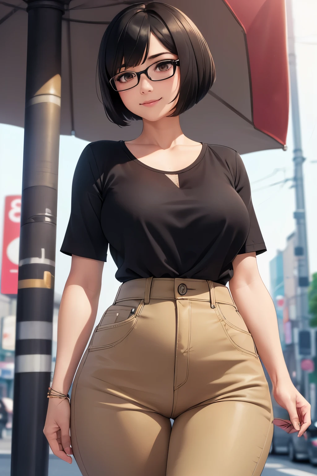 (extremely details CG, Unity, 8K Wallpapertremely delicate and beautiful), (​masterpiece), (top-quality:1.0), (超A high resolution:1.0), ((perfect proportion shot:1.0)), beautiful vibrant lighting, realistic shadow, [high resolution], round cute face, round brown eyes, soft angled brow, 22 years old, shy, smile, timid, scared, ((black hair)), ((pixie bob cut very short hair)), glasses (((medium breasts size))), plumpy body shape, tokyo city street, brown pastel blouse, sky blue long jeans, ((waist up shot)))