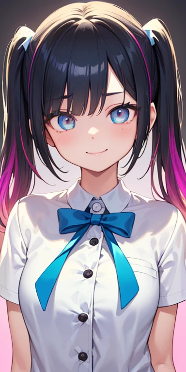 baby face, (colorful fluorescence multicolored  hair:1.5,short twintails:1.5), (masterpiece, sidelights, exquisite beautiful eyes: 1.5), masterpiece*portrait, realistic, {(Colorful background of different colors:1.5)},colorful,3D face,(cute face),front view: 1.6、 (glowing blue eyes),plump face:1.5,(tareme:1.5)、(evil smile:1.2),Rosy Mouth,Slim Body, shiny hair, shiny skin: 1.5、medium breasts,、solo,(stand)、(high school girl,school uniform)、(charactor focus:1.5、portlate:1.5、eye focus:1.5,upper body),(gradient eyes:1.5)