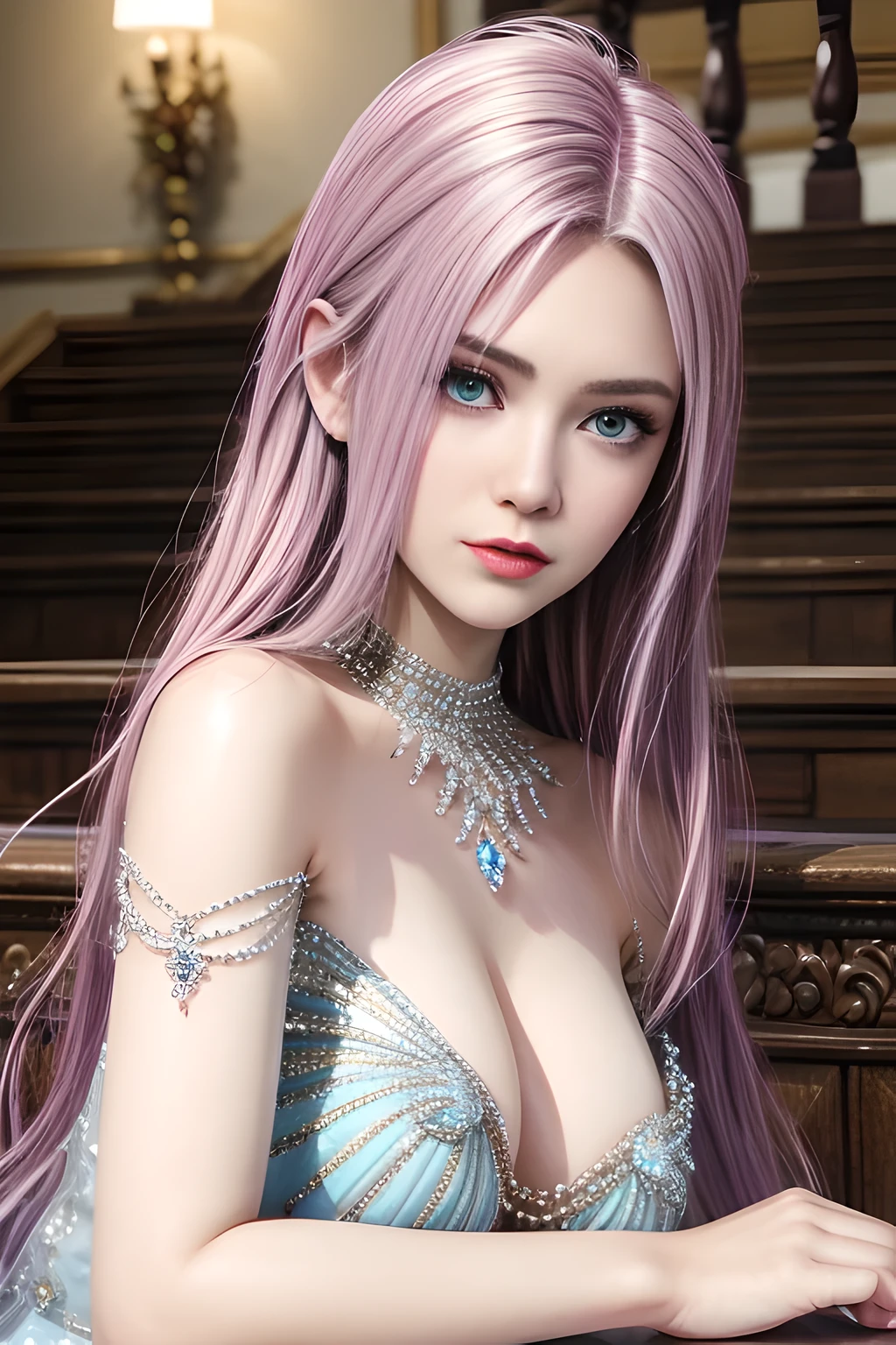 first person perspective,1girl,Elise,(Wearing Ice-crystal embellished dress:1.5),(Rose),go down the stairs,jewelry,Tattoos,nighttime, full_moon,red lips, slightly parted lips, lewd smile, lascivious, (((sexy poses))),clavicle,charming body,Charming cleavage,(Masterpiece:1.5), (best quality:1.35),(reality:1.4), detailed,8K,CGI,Detailed hair,,expressive eyes, perfect face, real fingers,depth of field,Analogous Colors,Warm Tone,soft light,low Contrast,(Bright color contrast composition),soft shadow,(bright colors:1.3),
