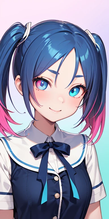 baby face, (colorful fluorescence multicolored  hair:1.5,short twintails:1.5), (masterpiece, sidelights, exquisite beautiful eyes: 1.5), masterpiece*portrait, realistic, {(Colorful background of different colors:1.5)},colorful,3D face,(cute face),front view: 1.6、 (glowing blue eyes),plump face:1.5,(tareme:1.5)、(evil smile:1.2),Rosy Mouth,Slim Body, shiny hair, shiny skin: 1.5、medium breasts,、solo,(stand)、(high school girl,school uniform)、(charactor focus:1.5、portlate:1.5、eye focus:1.5,upper body),(gradient eyes:1.5)