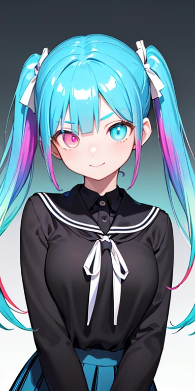 baby face, (colorful fluorescence multicolored  hair:1.5,short twintails:1.5), (masterpiece, sidelights, exquisite beautiful eyes: 1.5), masterpiece*portrait, realistic, {(Colorful background of different colors:1.5)},colorful,3D face,(cute face),front view: 1.6、 (glowing blue eyes),plump face:1.5,(tareme:1.5)、(evil smile:1.2),Rosy Mouth,Slim Body, shiny hair, shiny skin: 1.5、medium breasts,、solo,(stand)、(high school girl,school uniform)、(charactor focus:1.5、portlate:1.5、eye focus:1.5,upper body),(gradient eyes:1.5)