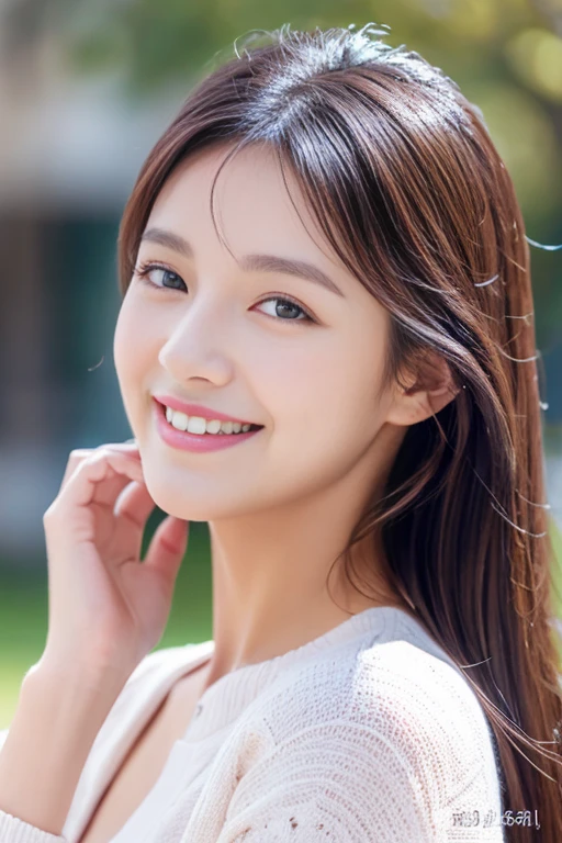 A beautiful woman with perfect eyes and nose、beauty like a model、cute like a model、eyes are double、How to use regular mascara、eye color is blue、hair color is pink、her face is delicate and elegant.、8k images、Beautiful style like a model、Normally large、A refreshing and lovely smile、pose like a model、Overall image、snap shot、Glamaloid Smile、Beautiful and delicate face like a model、highest quality、Masseter muscle part、cute smile、 elegant beauty、The season is winter、natural makeup、thin eye shadow、A little more bust up、Sunny weather with no snow、