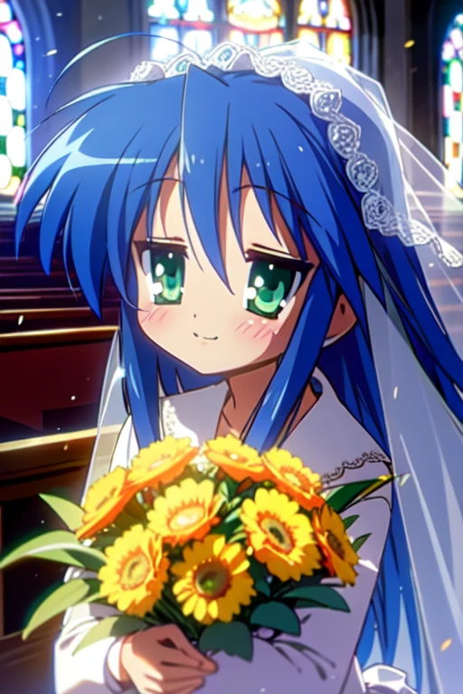 1 girl, alone, Konata Izumi, Wedding dress,veil,bouquet,blush,smile, church,chapel,addition_detailed:1, highest quality, masterpiece, 