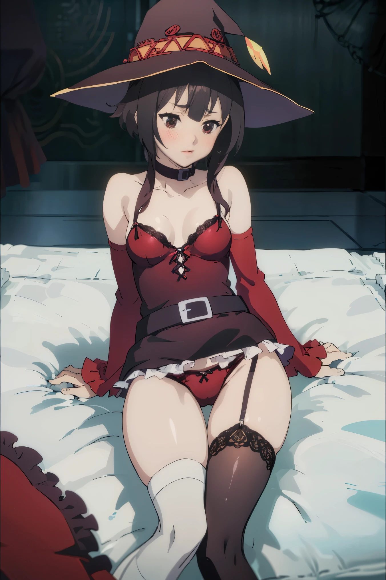 There was one girl with shiny skin in the bedroom, sexyposture,best qualtiy,tmasterpiece,(Photorealsitic:1.4),breast enhancement,reality,offcial art,The 8k quality,Super Detail,Fine detail skin,Movie angle,Cinematic textures,Movie Lighting,masutepiece,The highest image quality,1 girl,Vermilion lips,hair messy,showing panties,pantyshot,Big Mimi,((small breasts)),Underbust,1girll,Naked whole body,Black stockings,Race Stock,garterbelts,short hair,upper limbs,Lace,Girls black stockings, witch hat, black hair, red eyes, ((blushing)), (((lingerie)))