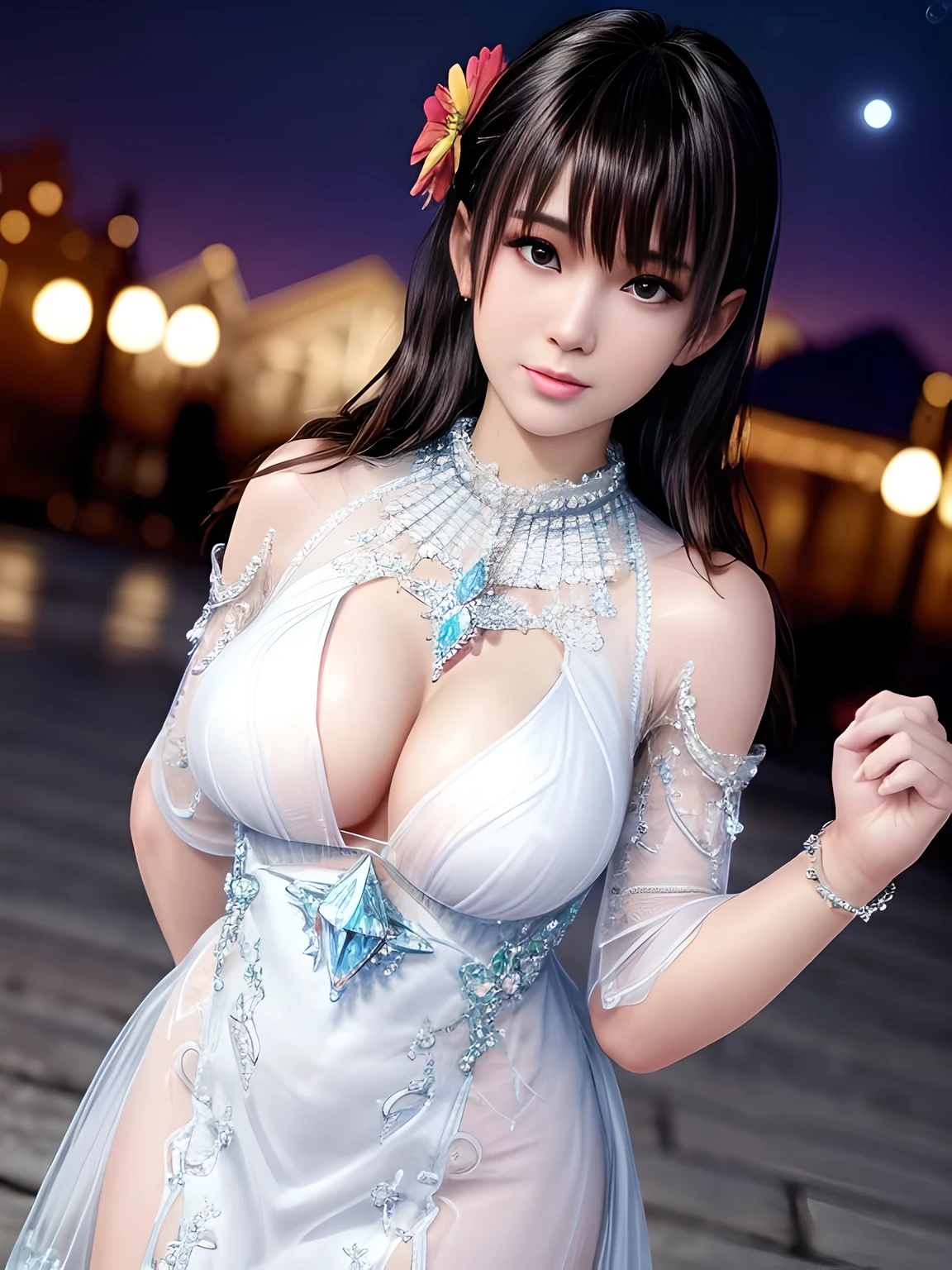 first-person view,1girl,Nanami,(Wearing Ice-crystal embellished dress:1.5),((flower shop)),Jewelry,Tattoos,nighttime, full_moon,(( Water droplets glow)),slightly parted lips, lewd smile, lascivious, sexy poses,red lips,charming body,Charming cleavage,(Masterpiece:1.5),( best quality:1.4),(reality:1.4), detailed,8K,Digital art,Detailed hair,expressive eyes, perfect face, real fingers,depth of field,Analogous Colors,Warm Tone,soft light,low Contrast,hard shadow, pop surrealism,(bright colors:1.3),