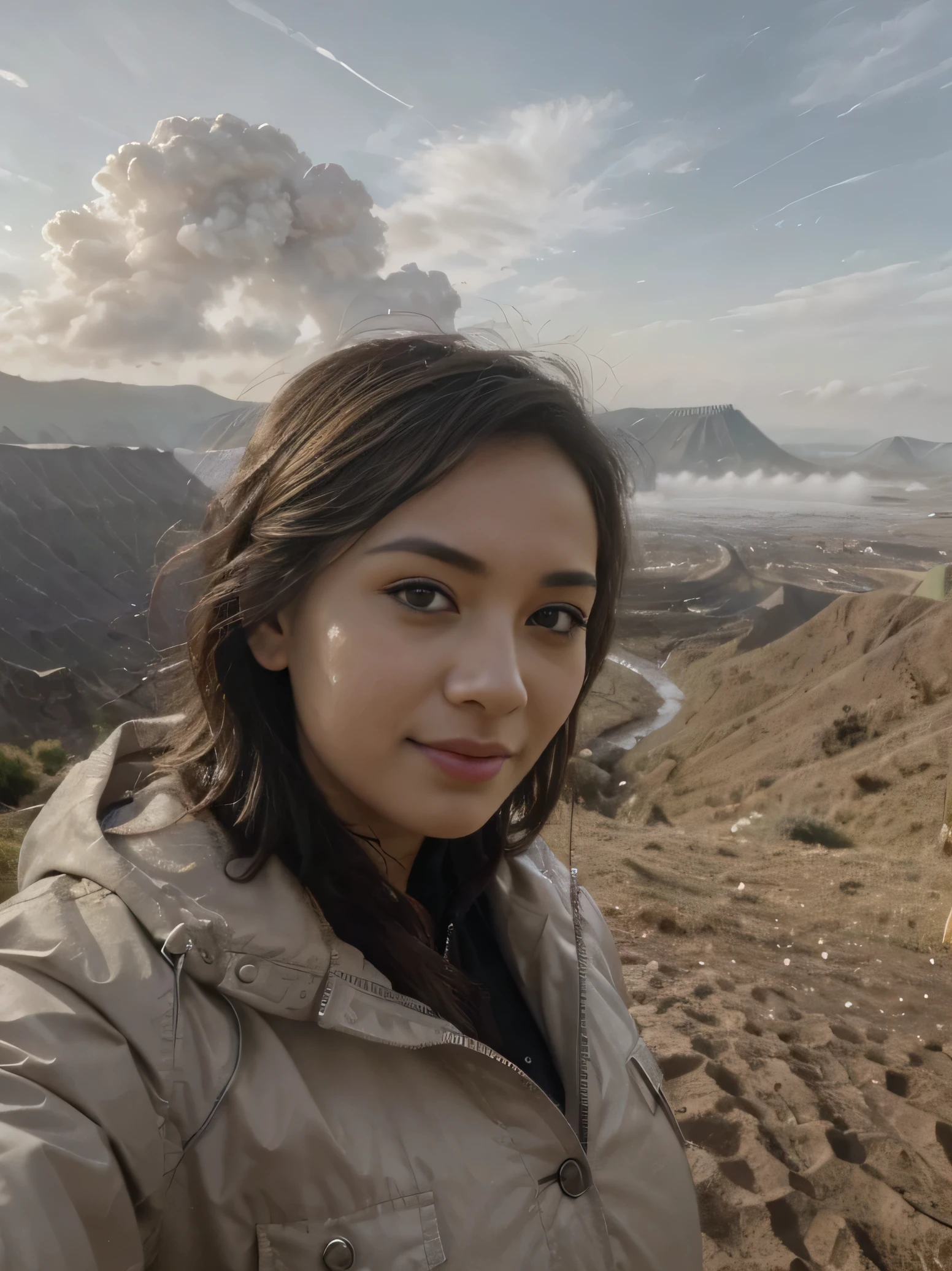 ((Top Quality, 8k, Masterpiece: 1.5)), indonesian Woman (1, 19 years old, smile, very detailed face and skin and hair texture, detailed blue eyes, double eyelids, white skin, beautiful delicate nose, parka wearing, exposed cleavage, large breast), overhead camera, sharp focus: 1.2, while emphasizing the subject's eyes, mouth, action The composition is pleasing to the eye and thought-provoking. ⠀
ground, outdoor, wonderful sunrise view at mount bromo, nature, cheerful, wind, happy, backpack, tent, bonfire, forest, river, foggy atmosphere, shadow, contrast, clear sky, grey background, (warm shades, warm tones), pleasant to the eye, while exuding melancholy emotions, characterized by a contrasting mix of calm tones and light and shadow, with dynamic angles, It is a thought-provoking composition.